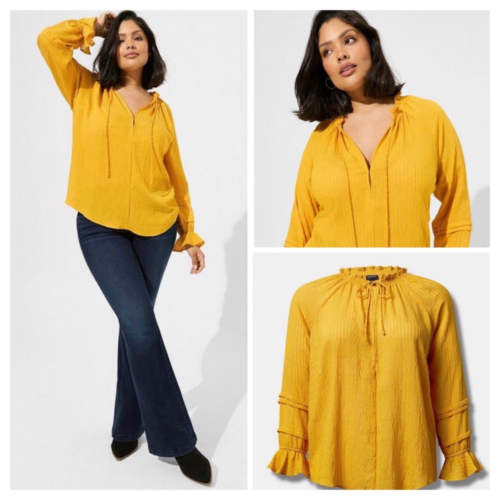NWT- Torrid Yellow Stripe Gauze Front Tie Lace-Up Peasant Blouse